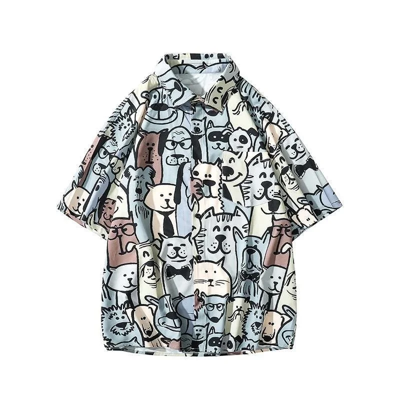 Camisa hawaiana de manga corta para hombre, camisa holgada informal con estampado de dibujos animados, moda urbana, verano, 2024
