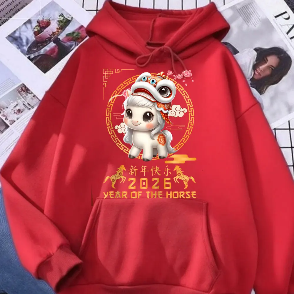 Jahr des Pferdes 2026 Chinesisches Mondneujahr 2026 Damen Hoodie Familie Party Pullover Niedliche Tiere Bedruckte Hoody Tops