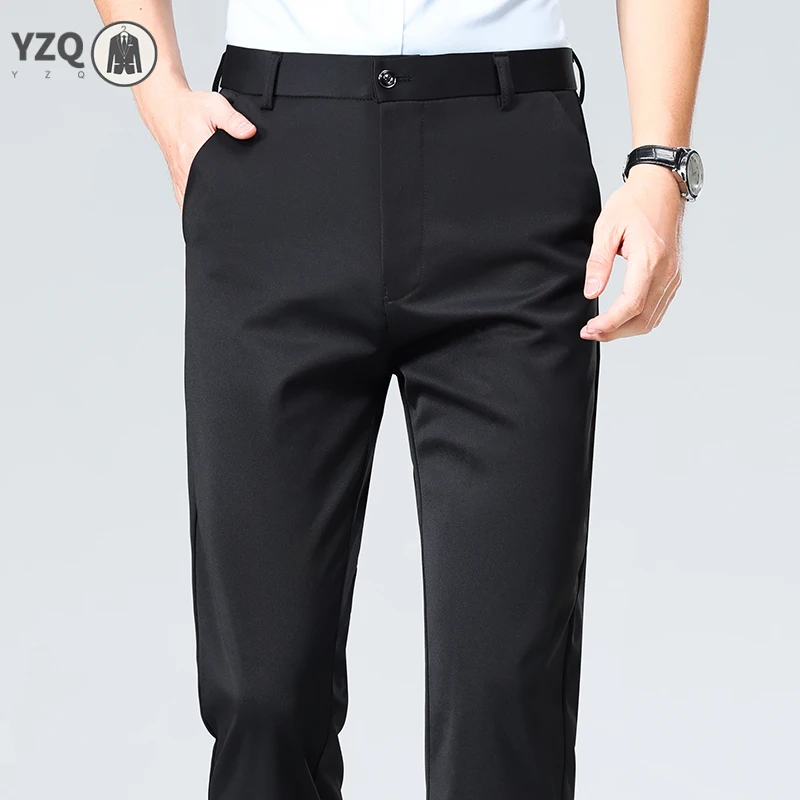 Mens Four Way Stretch Straight Leg Dress Trousers Silky Cool Anti Crease Breathable Chino Pants For Business Outdoor Daily