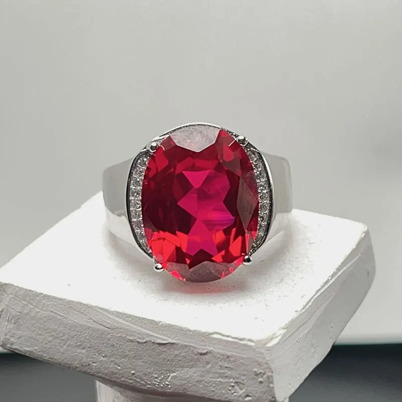 Hight Quality Man Made Ruby Ring for Men 12mm*16mm Lab Created Red Crystal Jewery 18K Gold Plated 925 Silver Men Ring