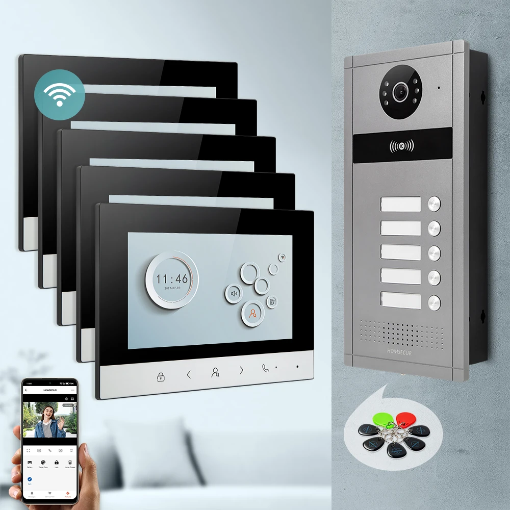 HOMSECUR Smart 5-Units Apartment Intercom System WiFi Video Doorbell 7 Inch Wired Monitor Remote Electronic Lock Release