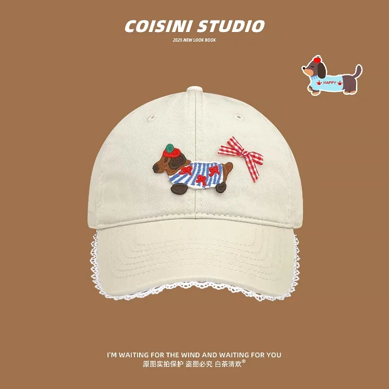 

Korean Cute Dachshund Dog Lace Lace Baseball Cap Women's Spring and Autumn Cartoon Versatile Sunshade Curved Brim Sports Hat