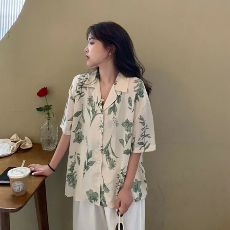 Shirts Women All-match Chiffon Vintage Print New Mujer Daily Camisas Summer Korean Style Students Friends Thin Sun-proof Retro