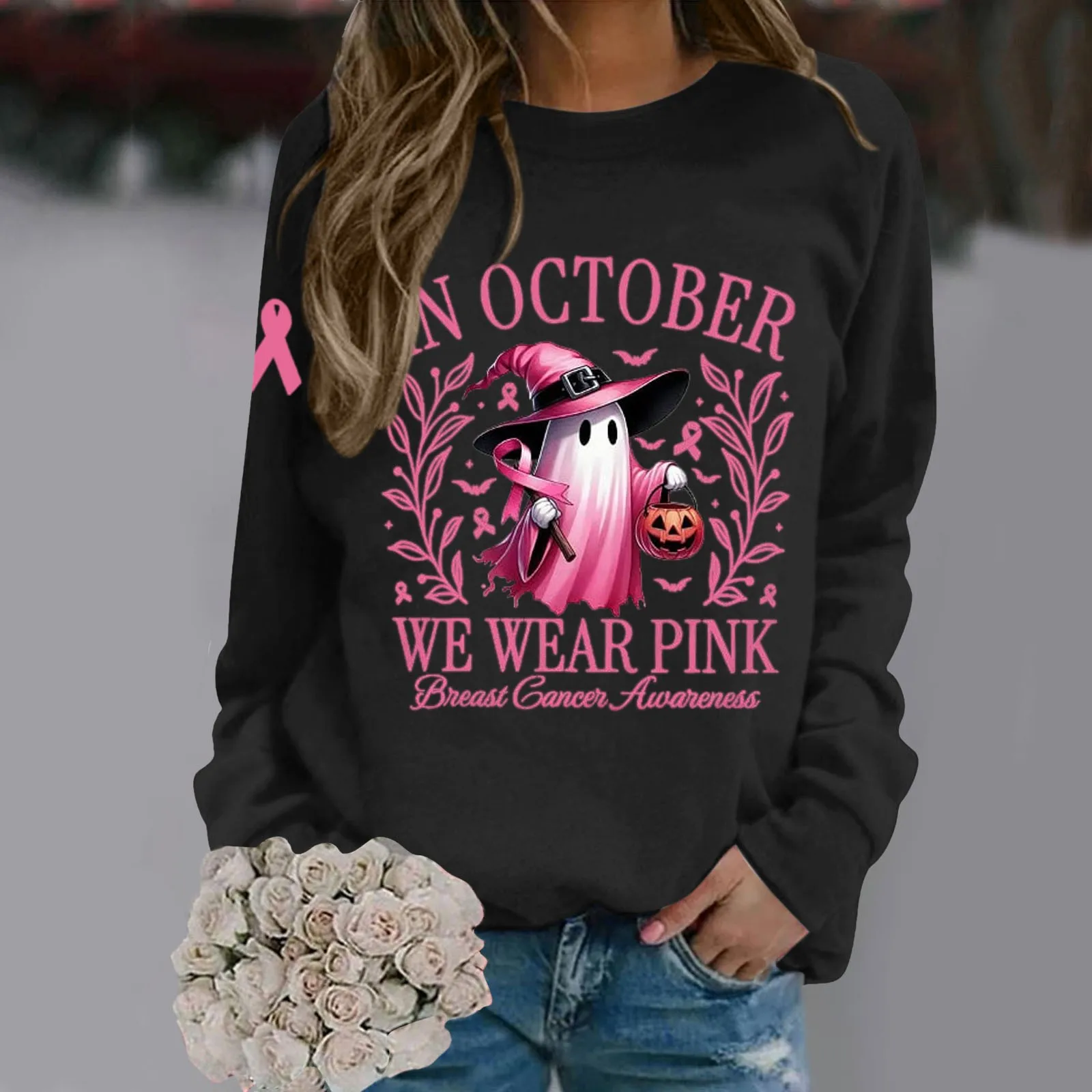 In October We Wear Pink Sweatshirts Ghost Witch Breast Cancer Awareness Pullover Long Sleeved Hoodless Sweatshirts For Halloween