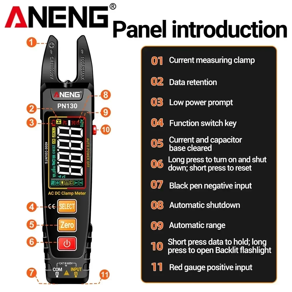 ANENG PN130 U-shaped Clamp Meter Built-in lithium Battery Pliers Tester AC/DC Voltage Current Tools with USB Charge Type-c Cable