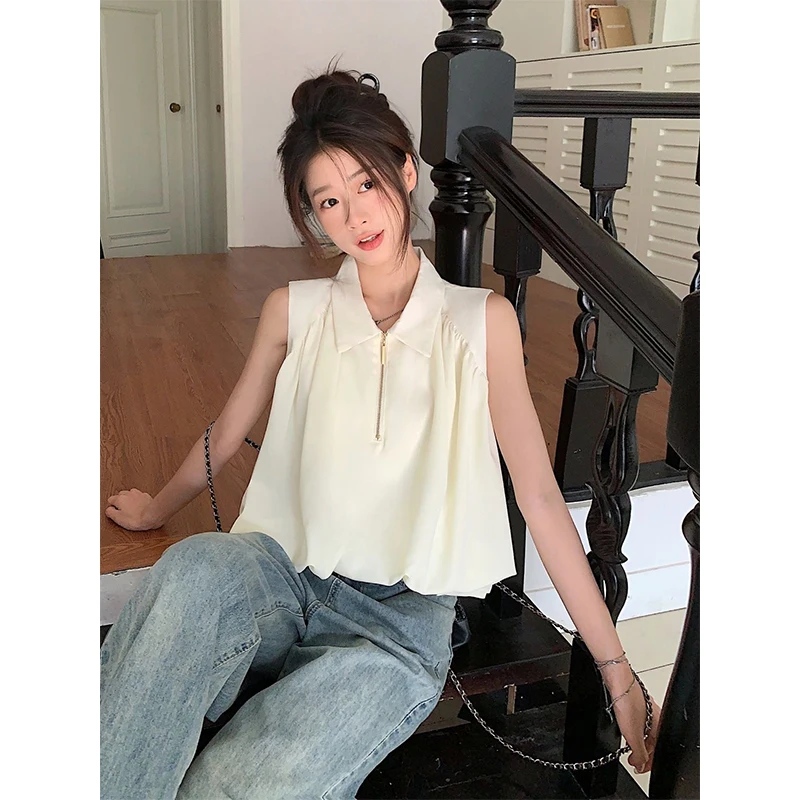 Women Summer Fashion Loose Temperament Solid Color Zipper Polo-Neck Sleeveless Tank Top Ladies Simplicity Appear Thin Trend Tops