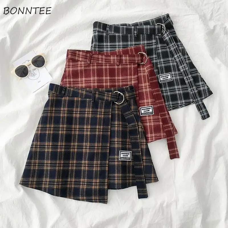 Plaid Skirts Women Summer Sweet Asymmetrical Preppy Style Tender Elegant Lady Korean Version High Waist All-match Leisure Chic