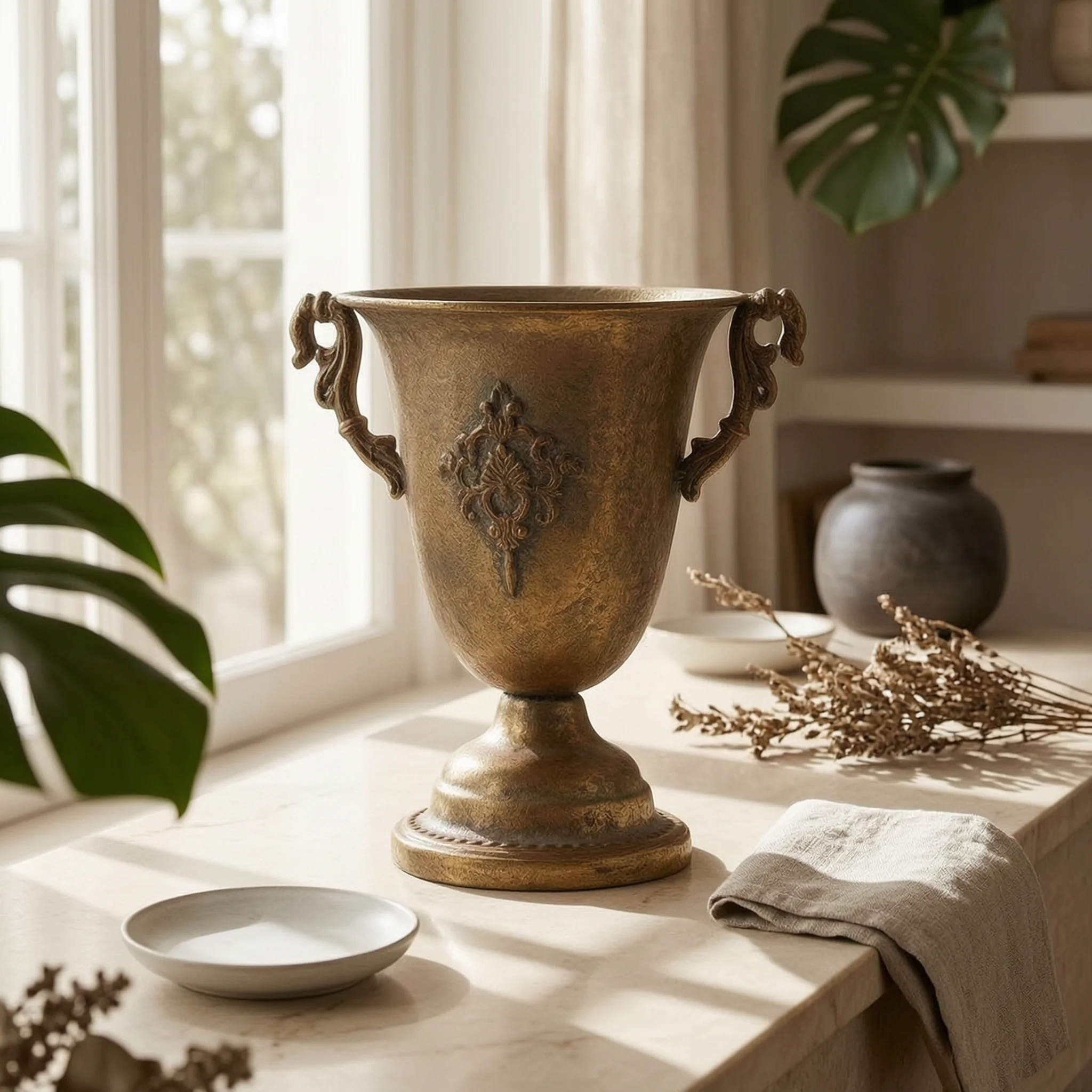 Urne antique en bronze doré, vase orné avec poignée, pot de fleurs texturé, décoration d'intérieur, centre de table