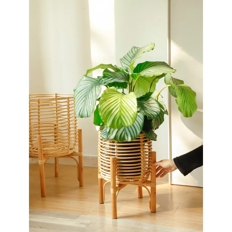Rattan Plant Stand Nordic Simple Creative Floor Flower Pot Basket for Indoor Outdoor - Handmade Wicker Home Garden Decor