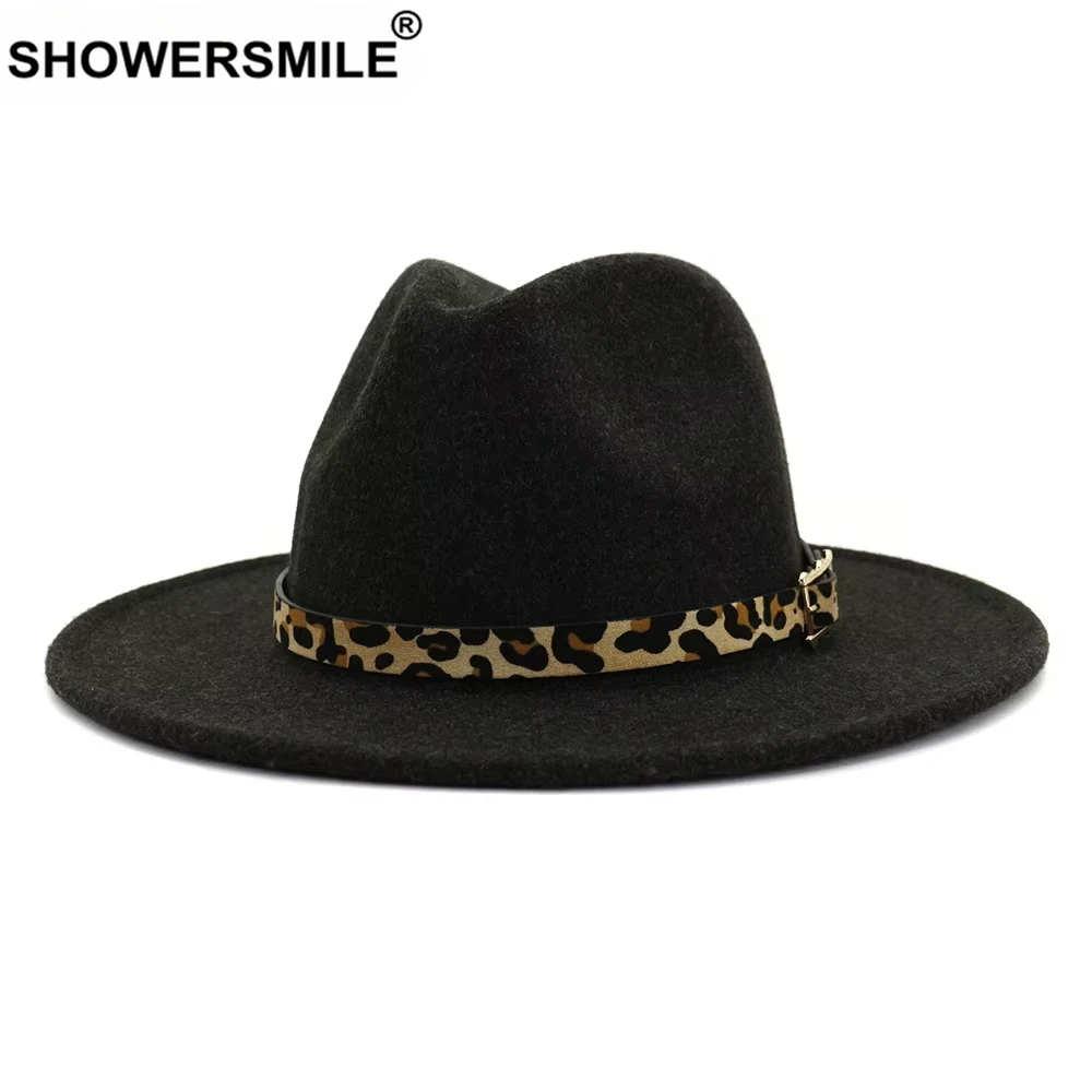 

SHOWERSMILE Wool Fedora Hat for Women British Style Vintage Wide Brim Fedora with Leopard Belt Felt Hat Jazz Winter Trilby Cap