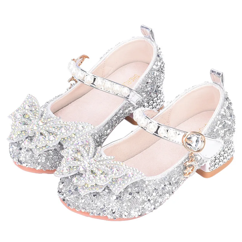Girls' princess shoes, new children's leather shoes, crystal shoes, girls' high heels with skirts, etiquette shoes, performance