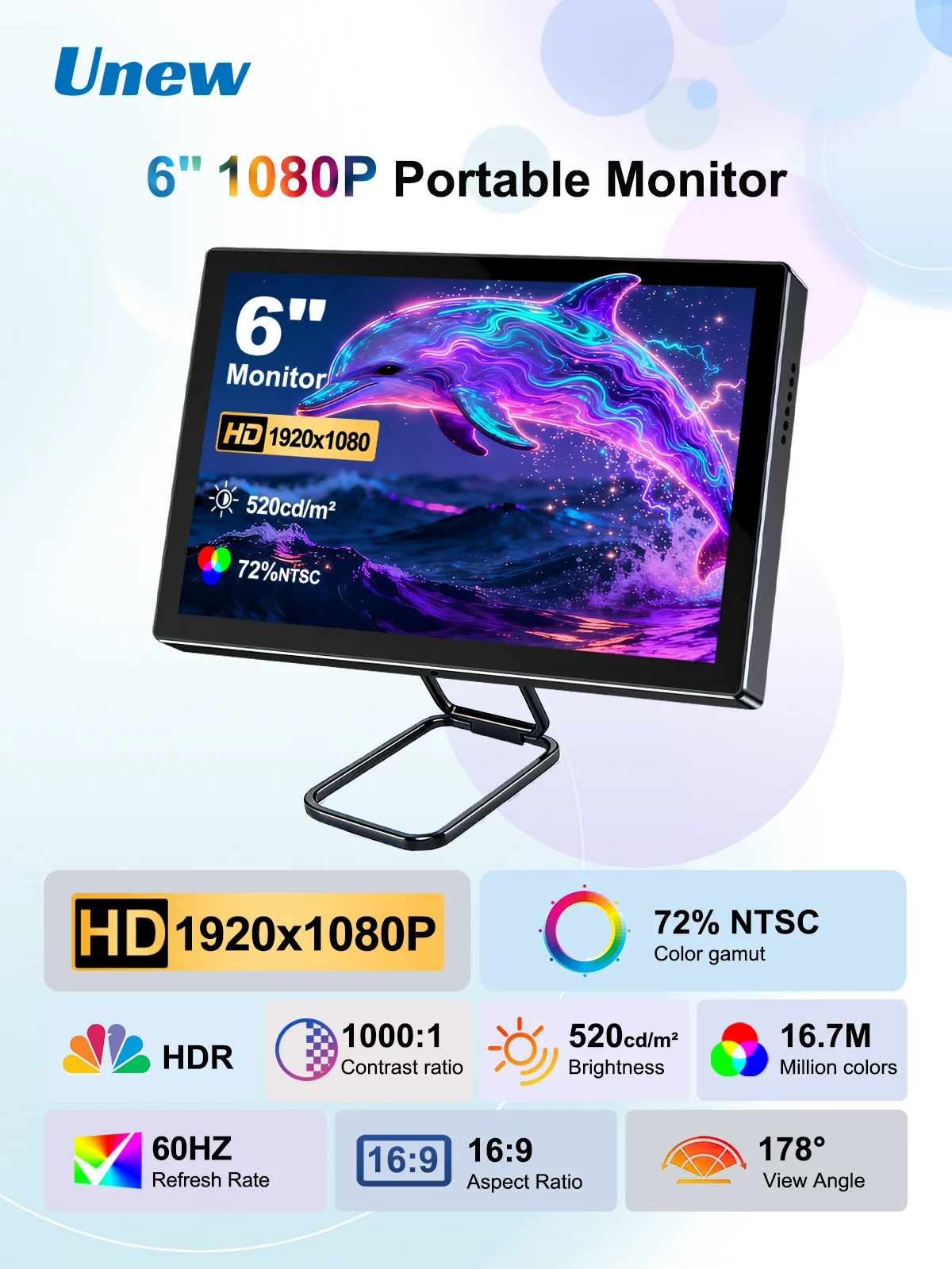 Unew 6 Zoll 1920x1080 IPS Tragbarer Monitor Typ-C USB-C HDMI Gaming-Display VESA für Switch PS5 Laptop PC