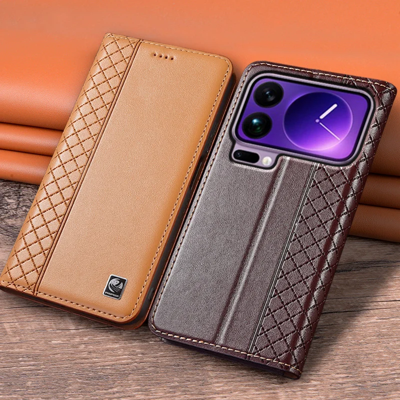 Flip Case For XIAOMI 17 17Pro Pro Max 5G Genuine Leather Magnetic Book Cover Luxury Cowhide Grid Pattern Wallet Cases Covers - náhled 2