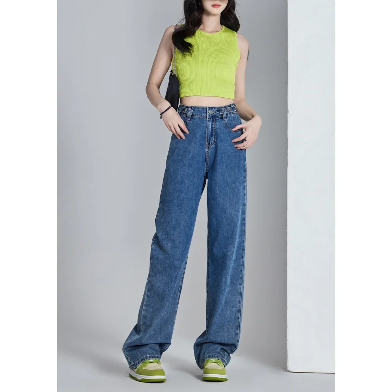 

Blue Jeans Women Solid High Waisted Vintage Baggy Pants American Streetwear Fashion Denim Summer Straight Wide Leg Trouser