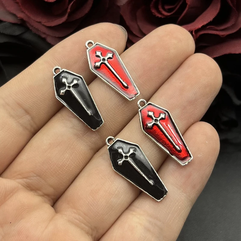 10pcs 26*11mm Enamel Halloween Charms Vampire Cross Coffin Pendants for Necklace Keychain Diy Jewelry Making Accessories