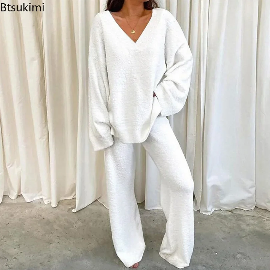 2024 Women\'s Autumn Winter 2PCS Sets V Neck Long Sleeve Blouse Suits Matching Sets Wide Leg Trousers Sets Solid Homewear Suits