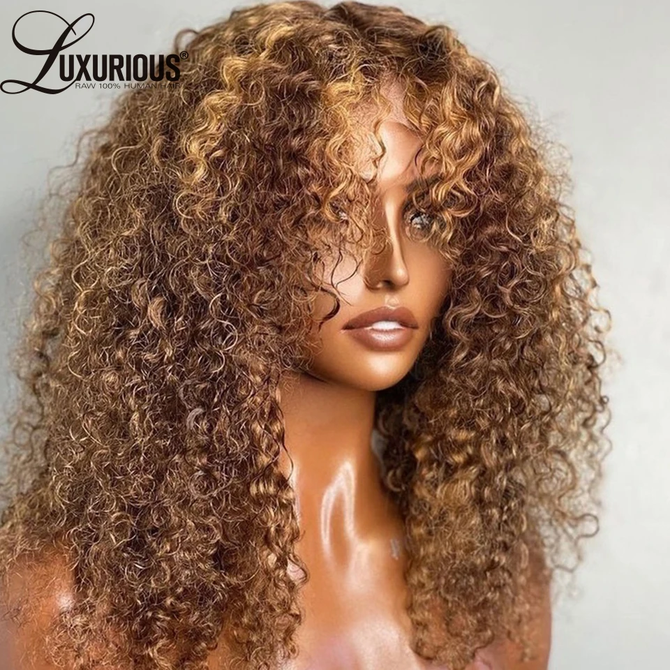 

180 Density Honey Blonde Human Hair Wigs For Women Kinky Curly 13x4 Lace Front Highlight Wig Ombre Brown Colored Wigs PrePlucked