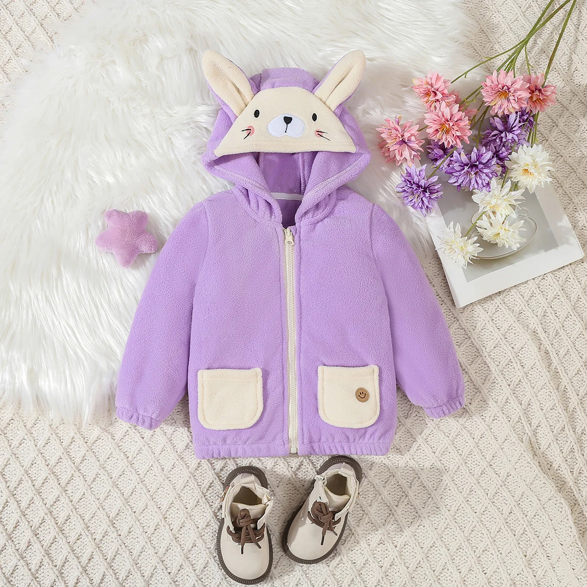 Lässige Winterjacke aus lila Plüsch für Mädchen mit Kapuze, bequeme, weiche Oberbekleidung für Kinder