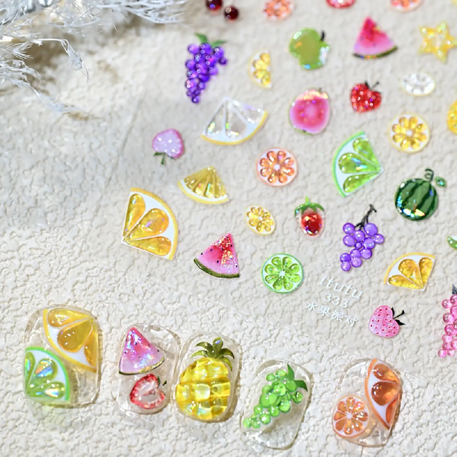 Summer Fruit Nail Decals for Nail Art Jelly Embossed Watermelon Lemon Grapes Strawberry Nail Art Sticker 5D Self-Adhesive Slider