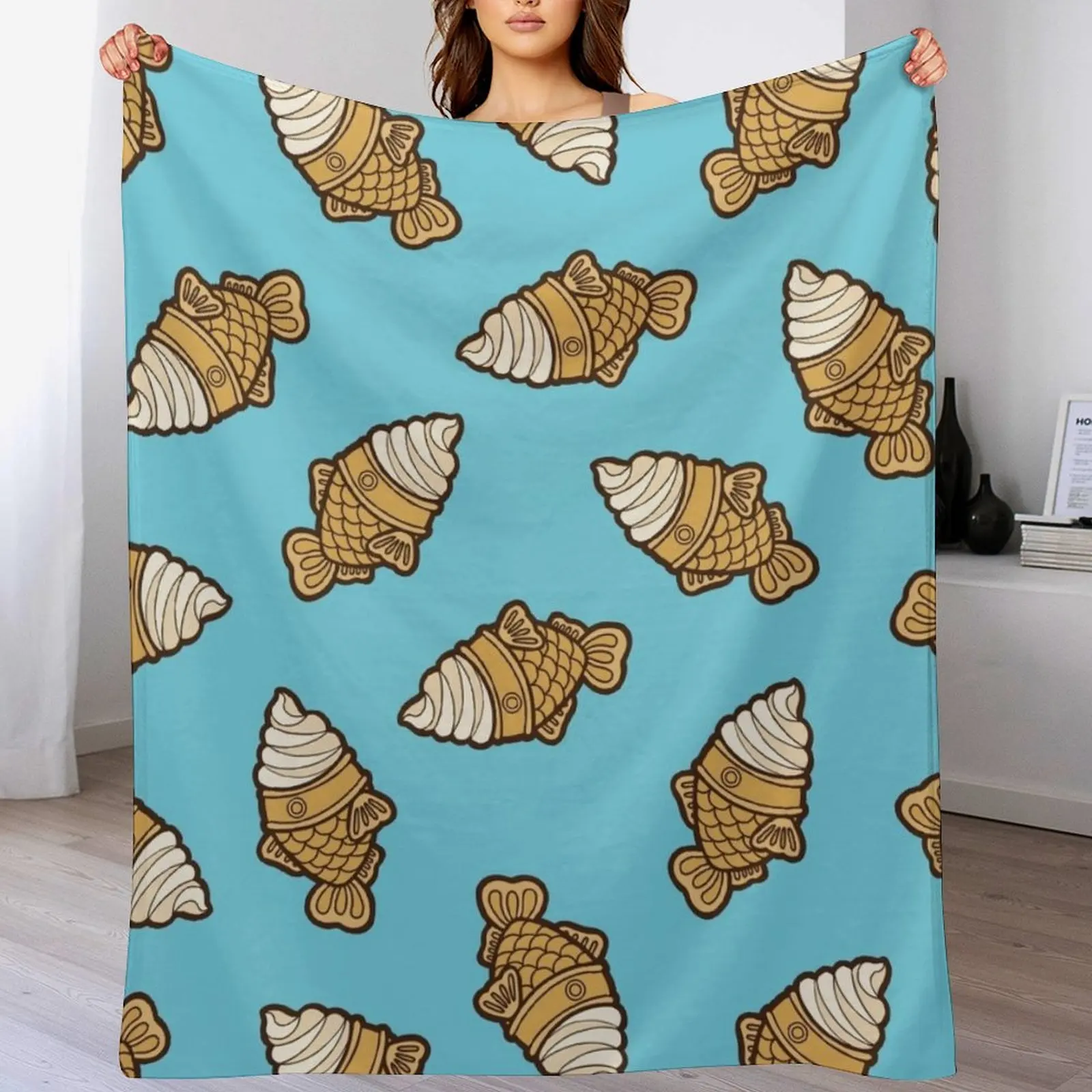 

Taiyaki Icecream Fish Pattern on Blue Throw Blanket Giant Sofa Shaggy Decoratives blankets and throws Blankets