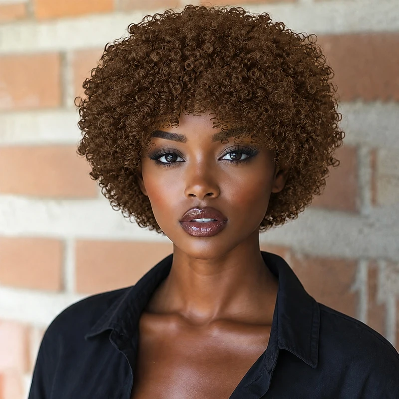 Light brown, small curls, 8-inch fluffy wig, comfortable to wear.