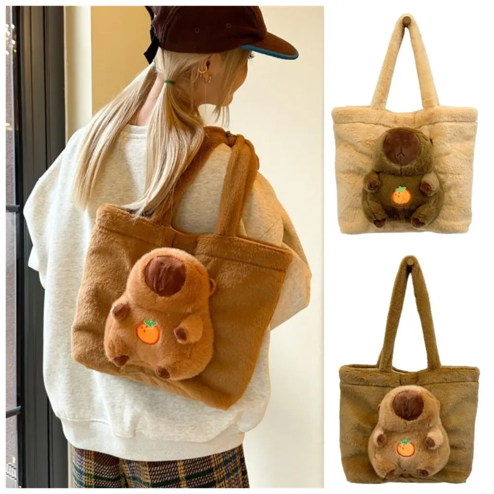 Casual Cartoon Capybara Handbag Large Capacity Magnetic Buckle Fluffy Shoulder Bag Korean Style Cute Plush Doll Tote Bag Daily