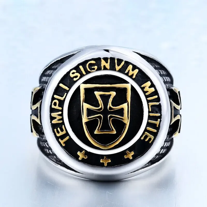 Masonic Knights Templar Cross Shield Stainless Steel Men's Rings Size 7-13
