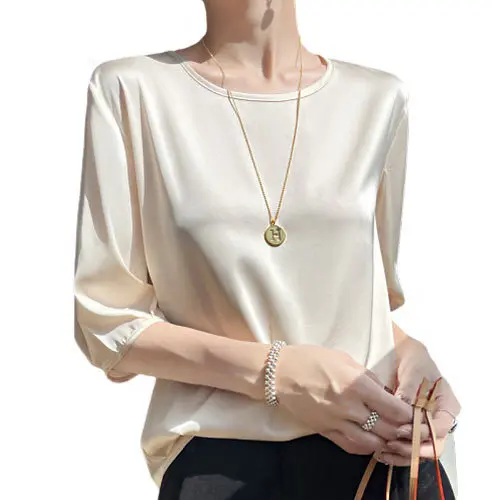 تيشيرت نسائي ناعم برقبة مستديرة ، أكمام قصيرة ، توبات فضفاضة ، بلون واحد ، راحة رقيقة ، متعدد الاستخدامات ، سيدة مكتب ، موضة