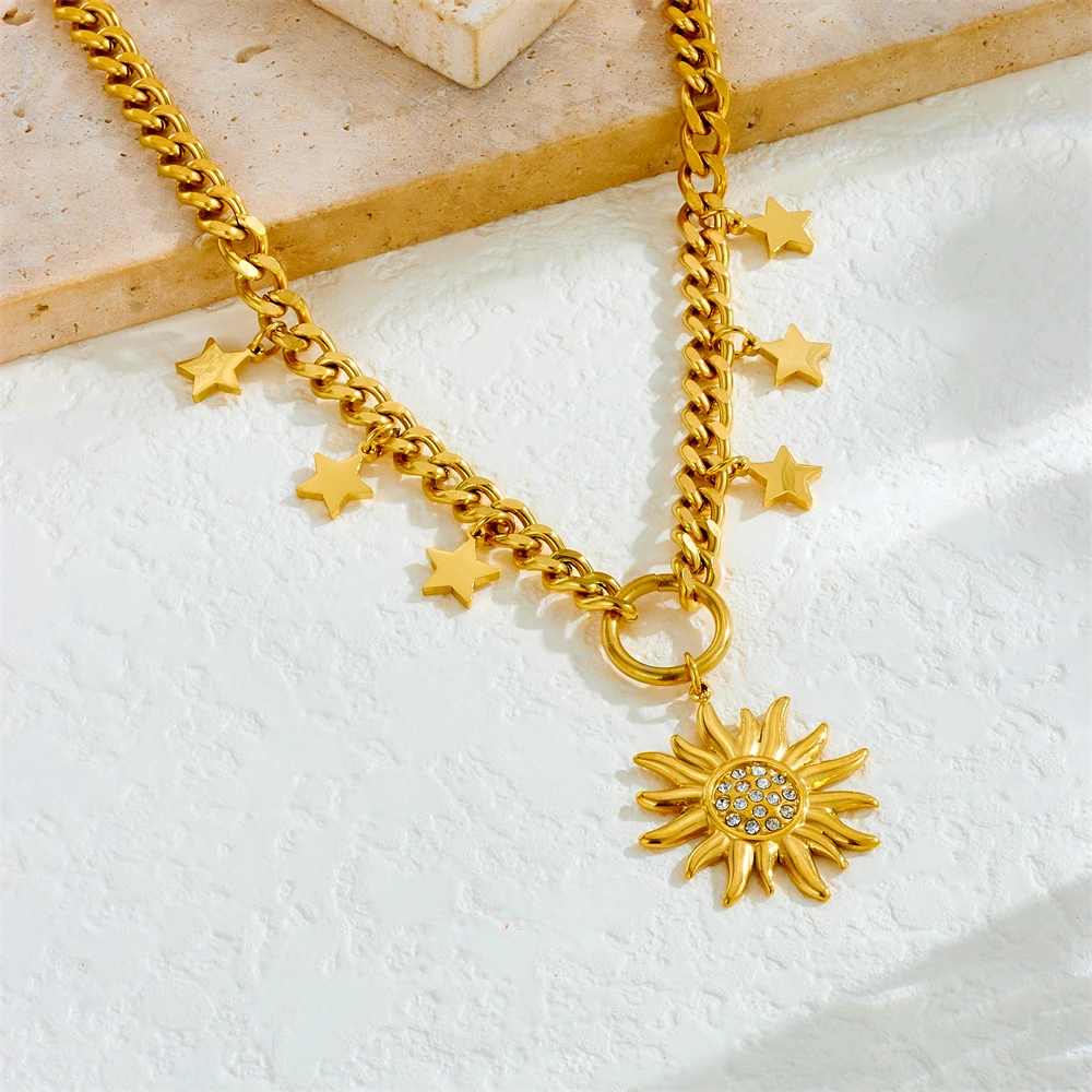 LAMENGLY 316L Stainless Steel Classic Simple Star Cross Angel Sunflower Pendant Necklace Women Trend Non-Fading Clavicle Chain