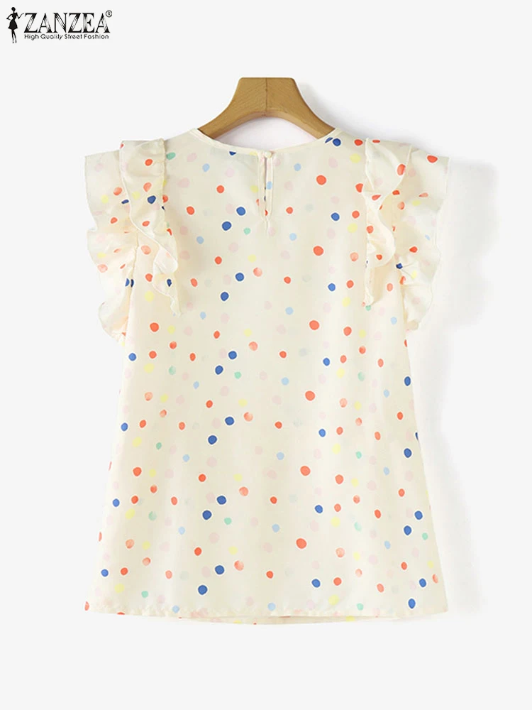 ZANZEA Sweety Korean Fashion Blouse Fashion Colorful Dot Ruffles Shirts Holiday Summer Stitching Pleats Tops Casual Loose Tunics