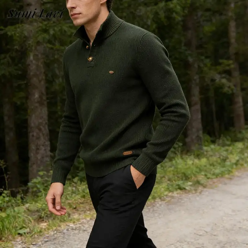 

Мужские однотонные вязаные джемперы для повседневного отдыха, зимние повседневные свитера с воротником-стойкой на пуговицах, мужские винтажные тонкие свитера с длинными рукавами