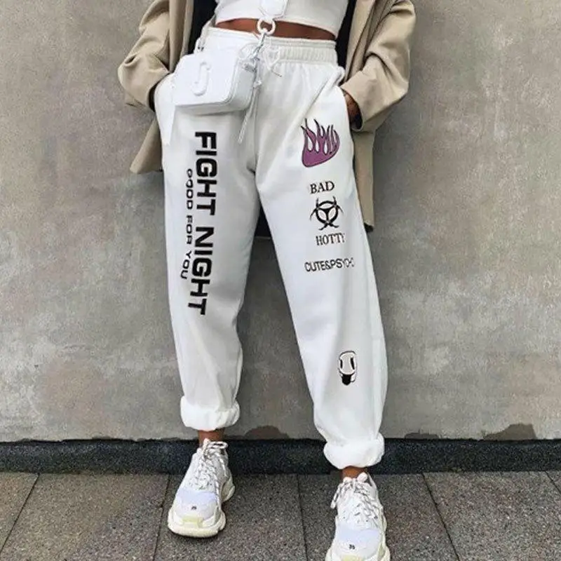 Letter Print Sweatpants Baggy Pants Women Joggers Harajuku Wide Leg Pencil Trousers Loose High Waist Sweat Pants Fight Night