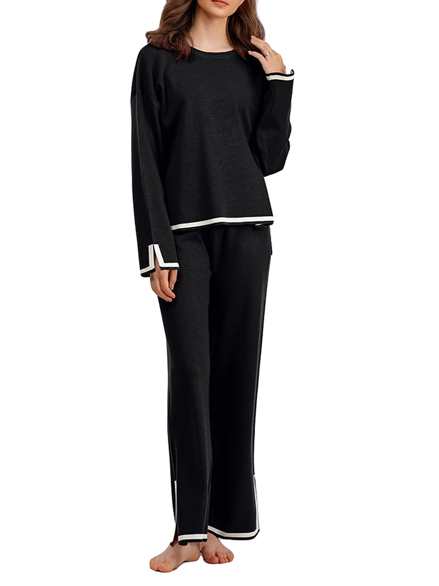 Women 2 Piece Lounge Sets Long Sleeve Sweater Pants Plus Size Oversized Knit Pullover Tops Wide Leg Tracksuit