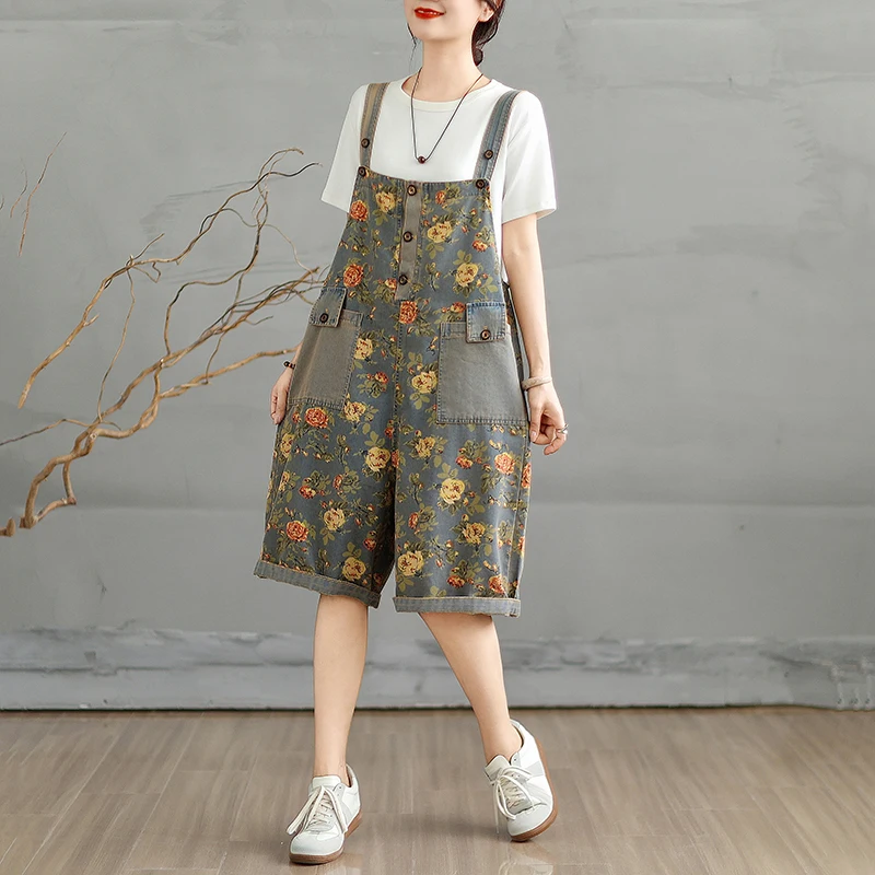 Calças Curtas de Denim Soltas de Verão para Mulheres, Crimento Sete Quartos, Alta Cintura, Estilo Patchwork