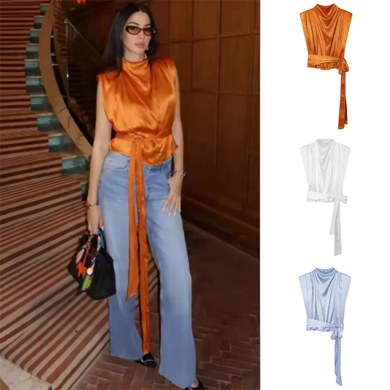Guobioziy Women's Top 2026 Spring New Trendy Versatile Solid Color High-Neck Sleeveless Satin Feel Bow Tie Cropped Top
