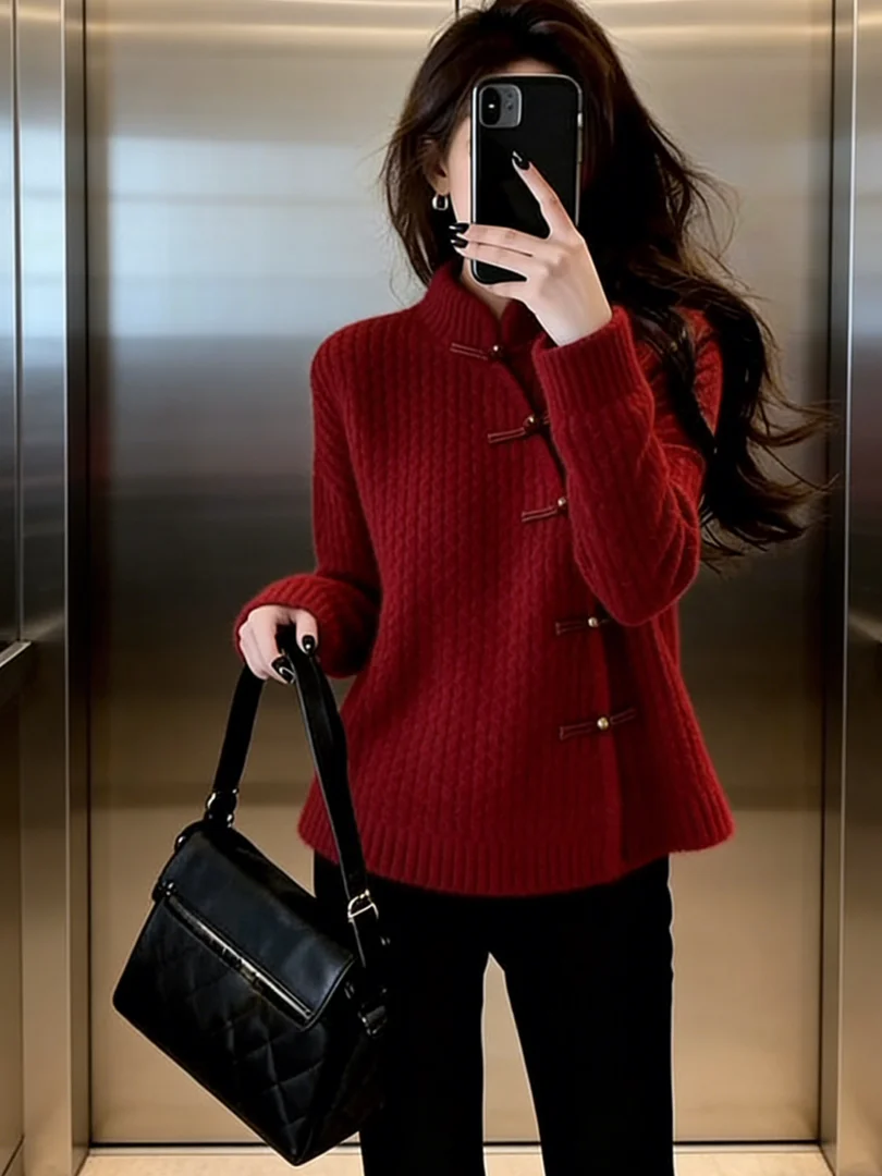 

Корейский вязаный красный кардиган Sli ort: Изысканный топ для ношения под одеждой, роскошный зимний модный женский аксессуар.