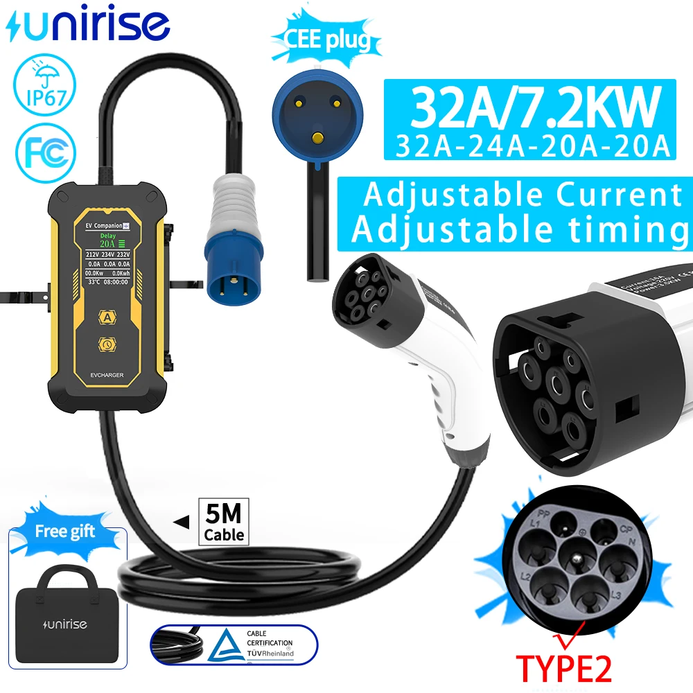 Unirise 7KW Type2 EV Portable Charger 32A 3Phase EVSE Cable Charging Box 5M Cable CEE Male Plug for Electric Car Charger Type 2