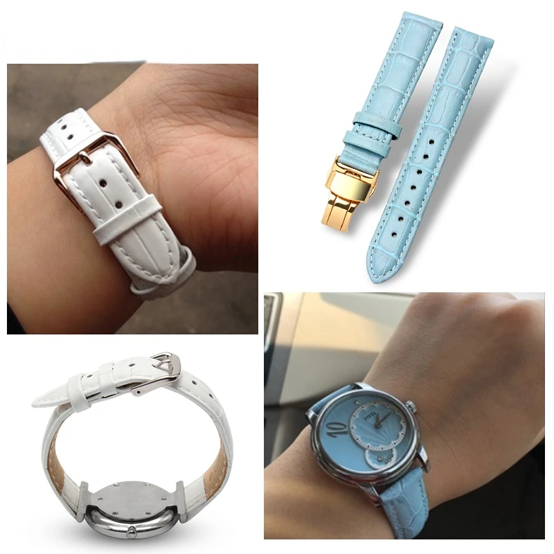 White red sky blue pink genuine leather strap High quality ladie\'s watch band 10mm 12mm 14mm 15mm 16mm 18mm bracelet Accessories