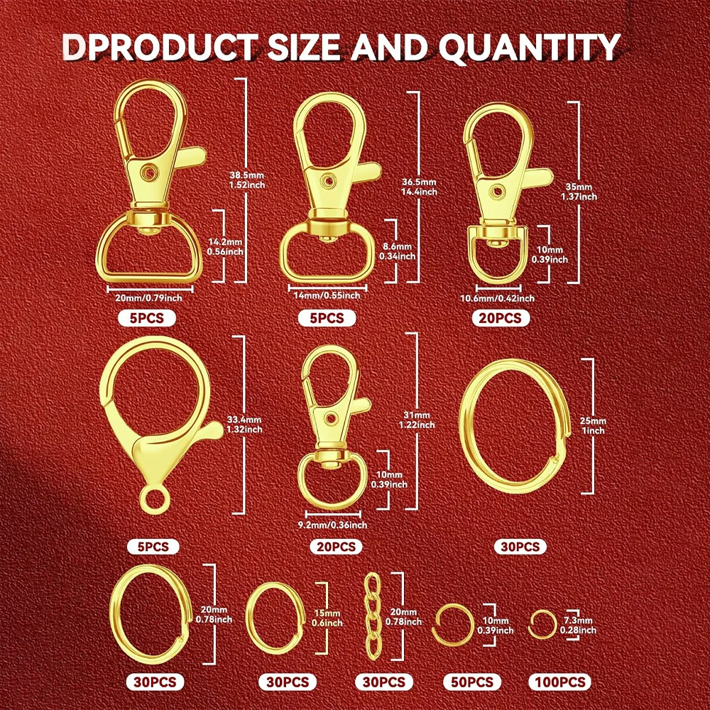 325Pcs Keychain Making Kit Gold Swivel Lobster Clasps Split Key Rings with Chains Open Jump Rings Set with Storage Box for DIY C