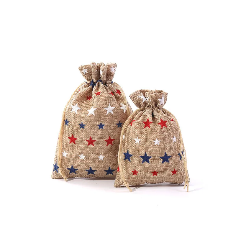 50 Pcs/lot New 10*14, 13*18cm Star Drawstring Gift Bags Linen Burlap Pouches With Handles Party Favor Candy Packaging Bags