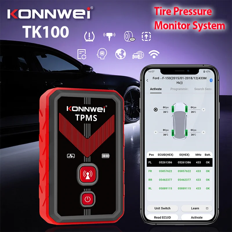 

2026 KONNWEI TK100 Car Programable TPMS Sensors OBD Relearn Tool 433MHz315MHz Programing CELL PHONE Tire Pressure Monitor System