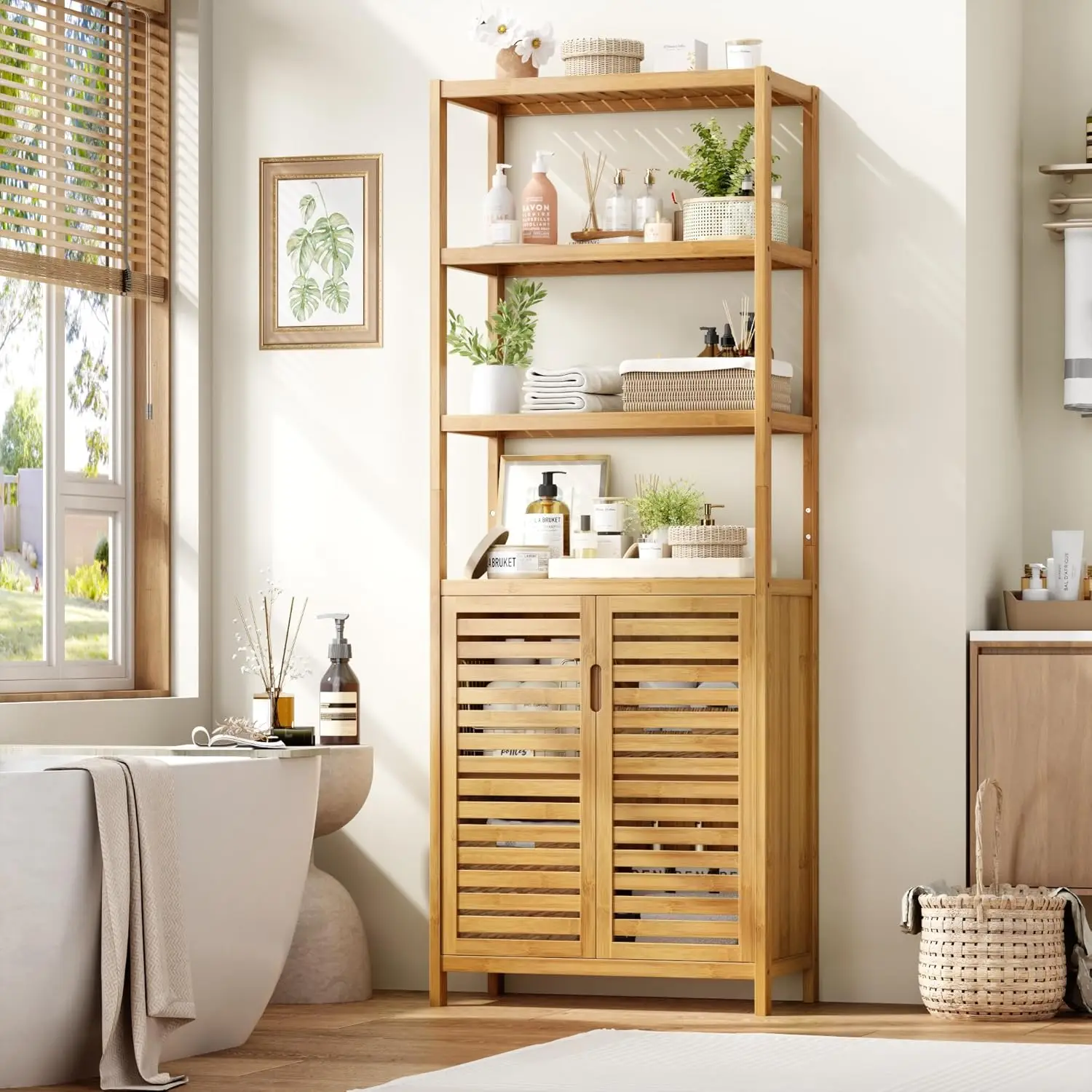 

Tall Bathroom Storage Cabinet, 66" Bamboo Narrow Bathroom Floor Cabinet with 2 Door & 4-Tier Open Shelves, Corner, Customized