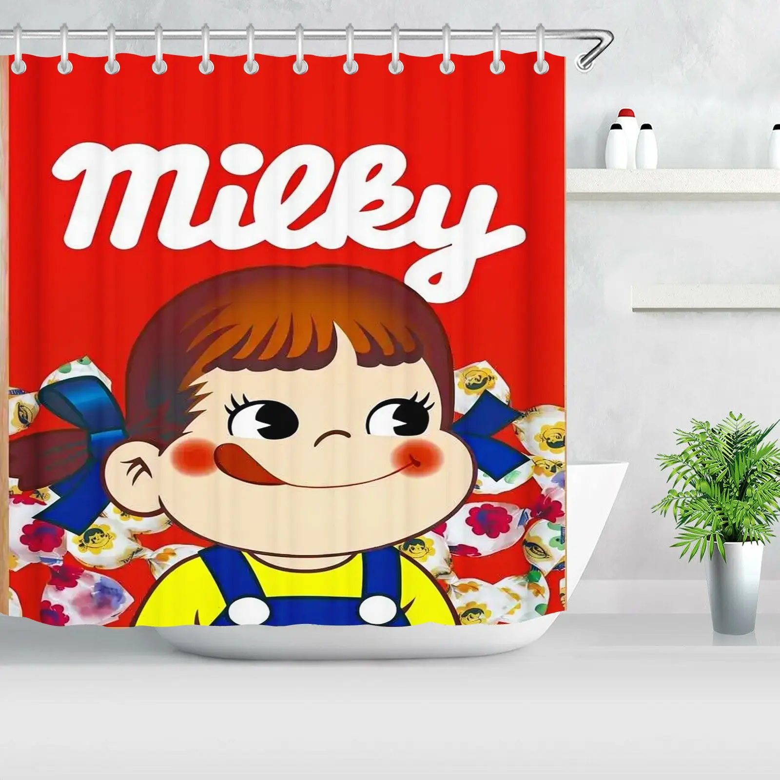 Fujiya Milky Peko Chan Shower Curtain Cute Cartoon Girl Candy Print Waterproof Fabric Bath Curtain Home Kawaii Bathroom Decor