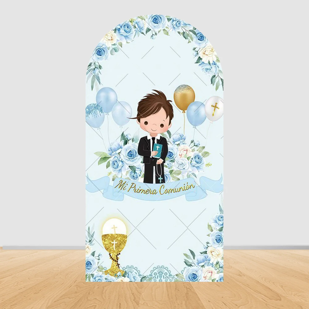 First Holy Communion Arch Backdrop Cover Boys Girls Christening God Bless Cross Green Leaves Decor Backgrounds for Photographs view 3