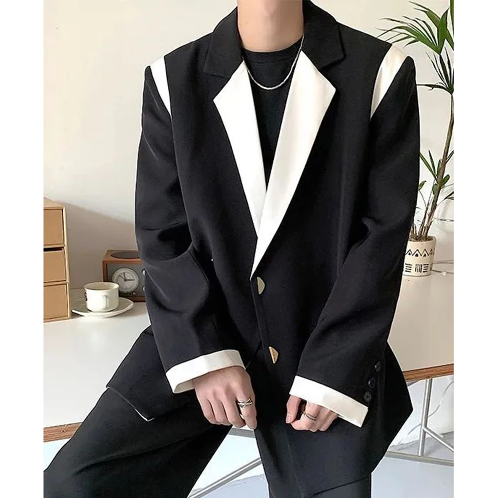 Men Blazer Patchwork Lapel Long Sleeve Streewear Button Loose Csual Suits Korean 2024 Fashion Men Thin Coats M-2XL