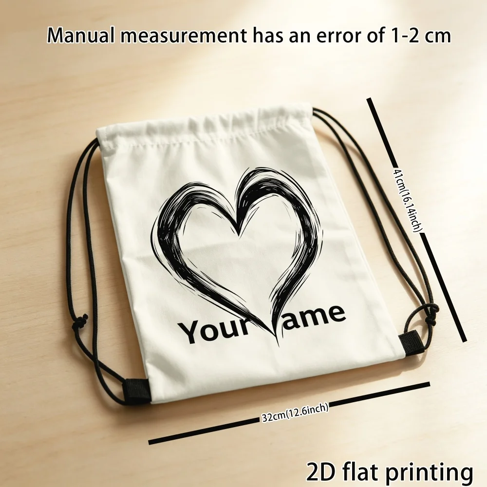 Personalized Heart Pattern Drawstring Bag Custom Name Love Heart Print Kids Backpack for Daily Casual Storage