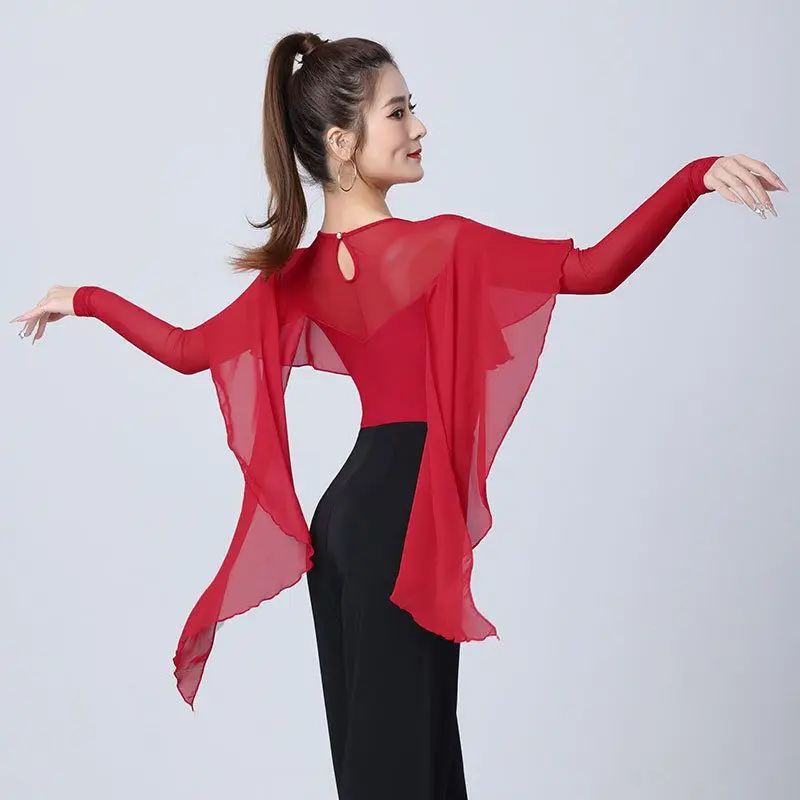 

Customized Modern Dance Jumpsuit Women's Mesh Splicing Elegant Ballroom Dance Waltz Classical Practice Ruffled Edge Top