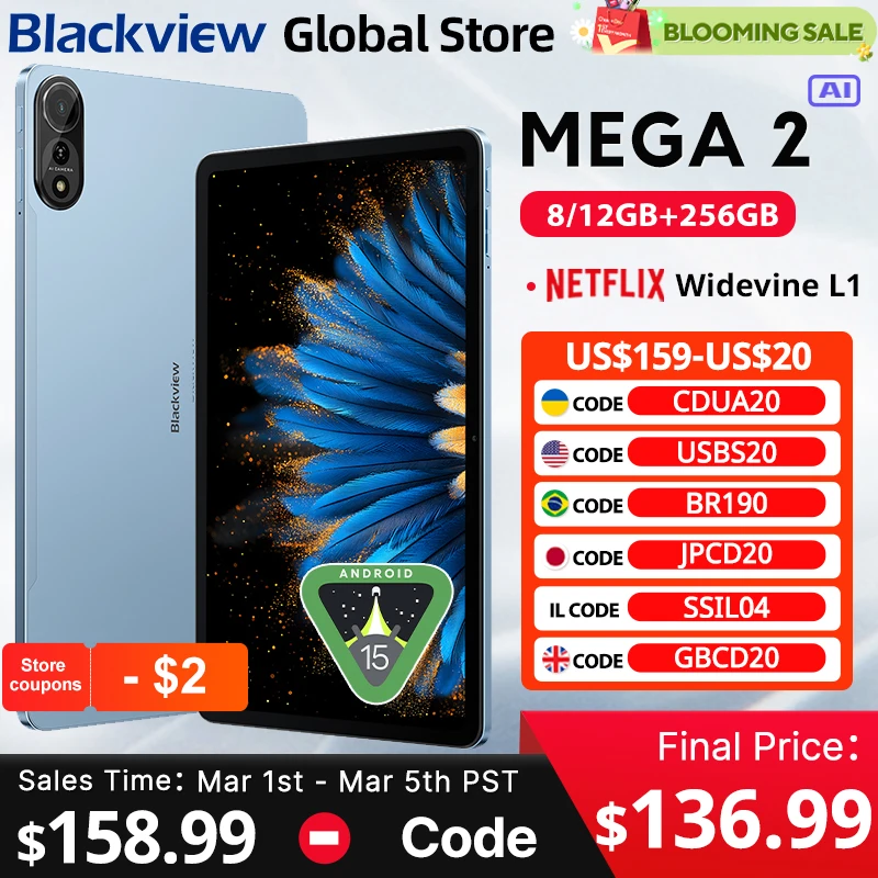 Blackview MEGA 2 tablettes 12 pouces écran 2K Android 15 Widevine L1 36GB(12 + 24) 256GB 9000mAh 16MP AI caméra Pad PC