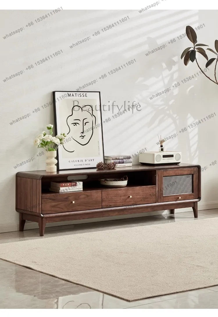 black walnut TV cabinet all solid wood simple and complete living room cabinet glass floor cabinet