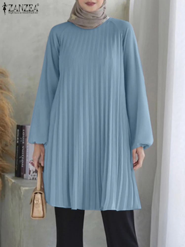 ZANZEA Vrouwen Moslim Mode Geplooide Blouses Islamitische Hijab O Hals Raglanmouwen Solid Lange Tops 2024 Fall Casual Abaya Blusas